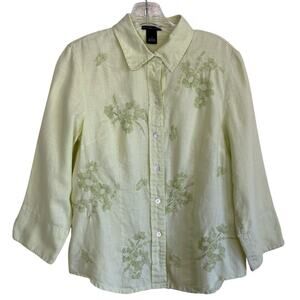 Madison Studio Vtg Y2K Linen Pastel Green Floral Embroidered Button Down Shirt 8
